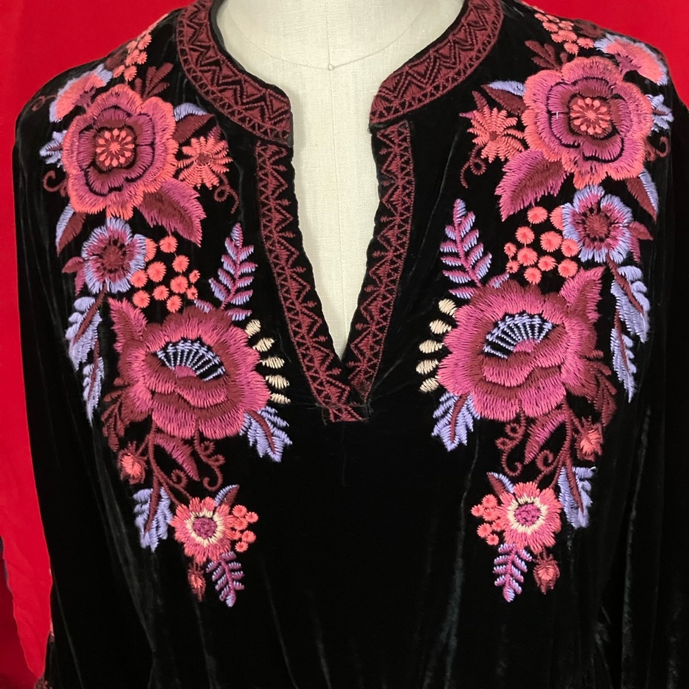 Johnny Was Black Velvet Dress with Pink and Purple Floral Embroidery - Picture 2 of 12